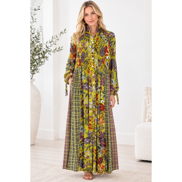 John Mark Dresses & Skirts - John Mark Maxi Dress Medium Green Floral Gingham Pintuck Button Front Boho Flowy